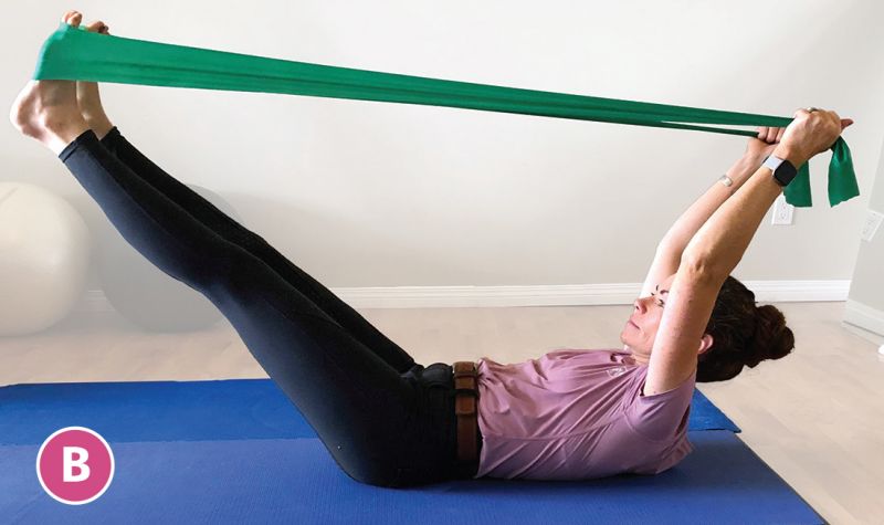 pilates leg extensions with band, pilates for equestrians, sandra verda zanatta, core strength equestrians, workouts for horse people